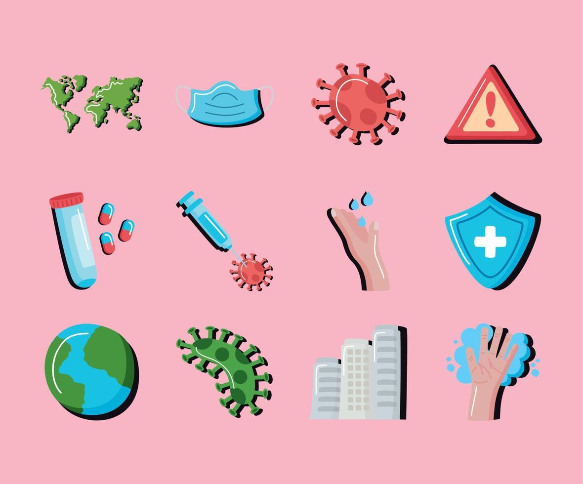 twelve pandemic conjuncture icons vector