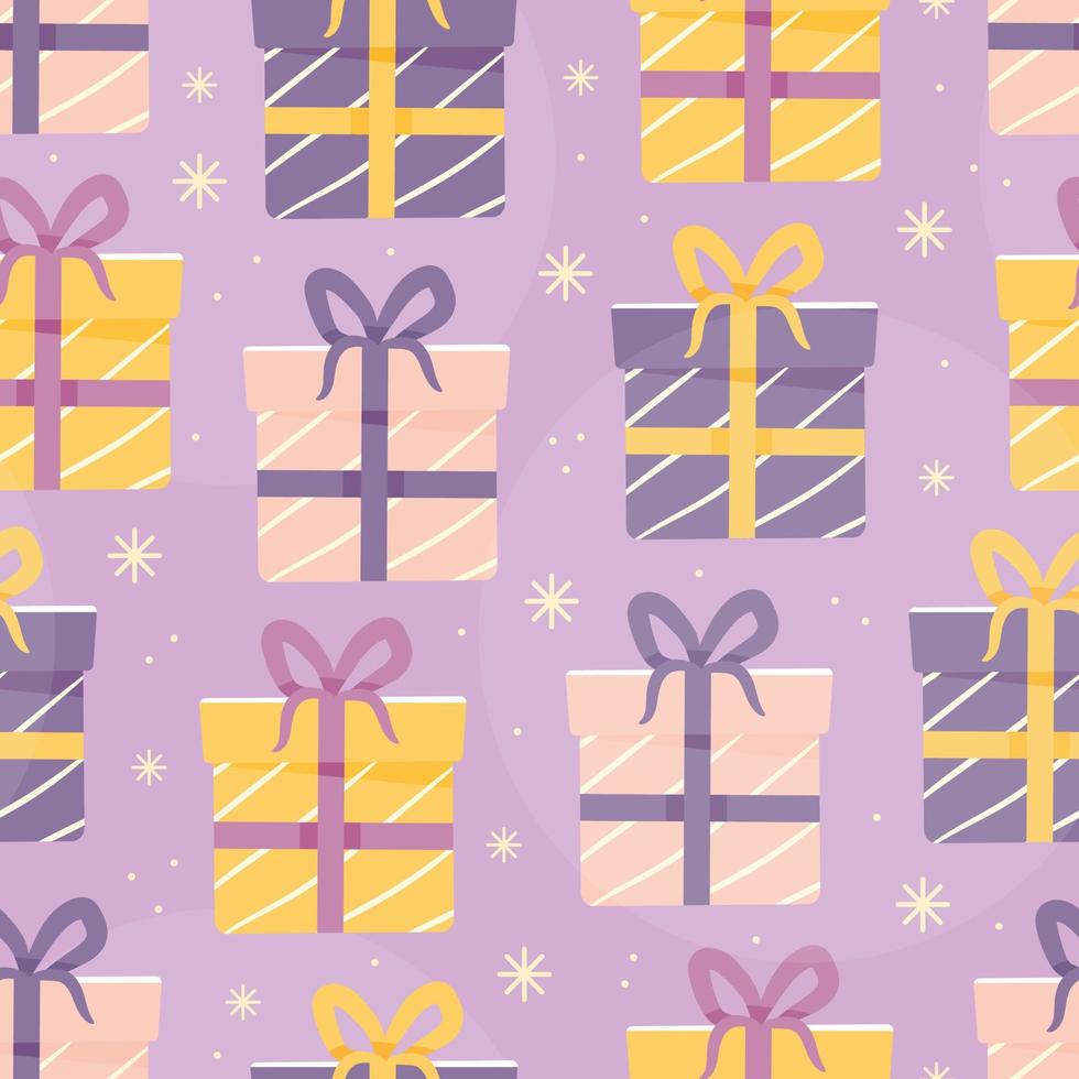 Seamless festive pattern with gifts and snowflakes in cartoon style. Vector Christmas illustration background.
