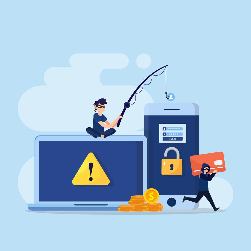 Hacker fishing and sit on sling chair, cyber crime and phishing scam  concept, vector illustration 7892491 Vector Art at Vecteezy