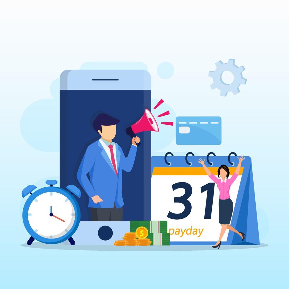 Payday vector concept. business people feeling happy while getting money and standing with calendar and alarm clock
