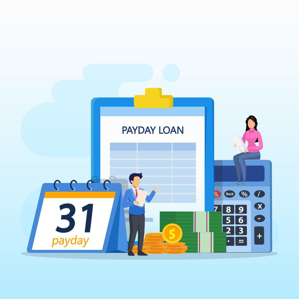 Payday vector concept. business people feeling happy while getting money and standing with calendar and alarm clock