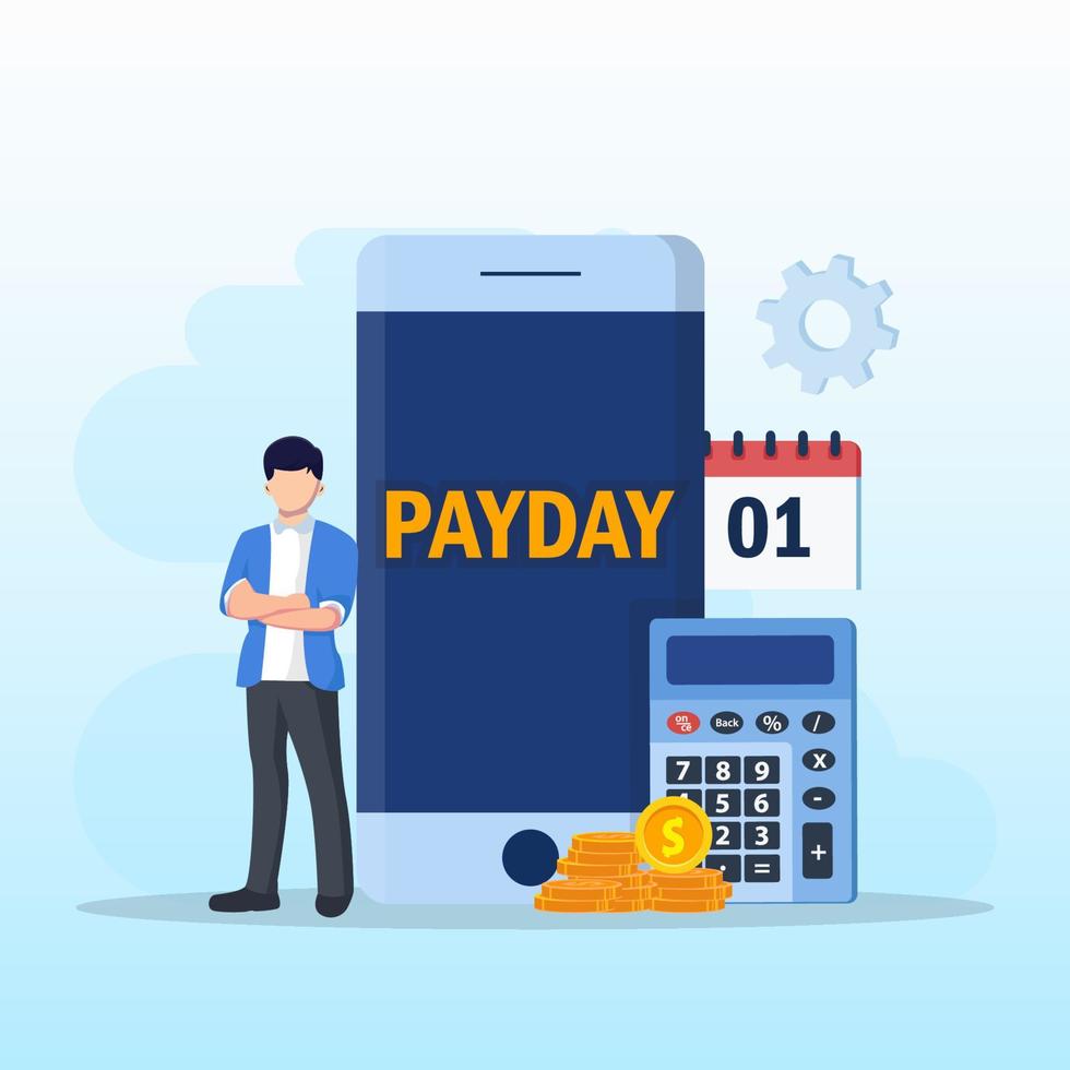 Payday vector concept. business people feeling happy while getting money and standing with calendar and alarm clock