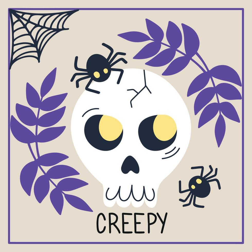 Creepy skull halloween card in cartoon style vector