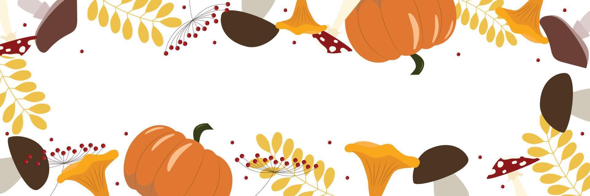 autumn background with fall element and copy space. Leaves, pumpkin, mushrooms, berry. vector illustration