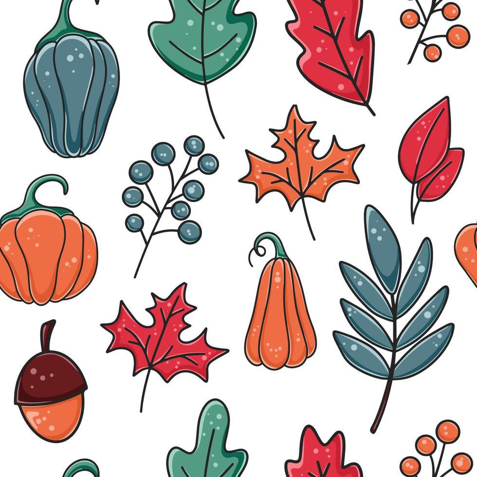 Autumn seamless pattern with pumpkins, leaves, berries and acorns vector