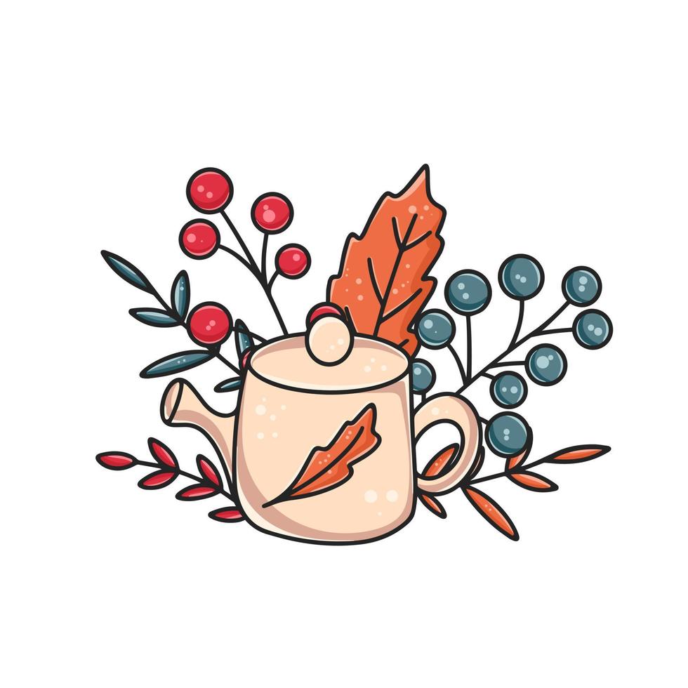 Autumn composition with teapot berries and leaves vector