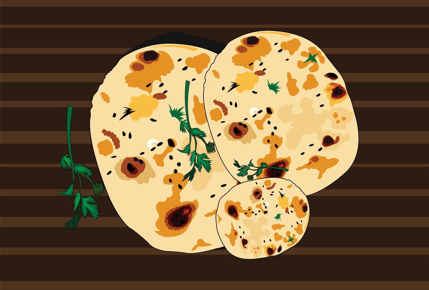 Ilustración de vector de comida india y pakistaní naan cepillada con mantequilla y pastosa