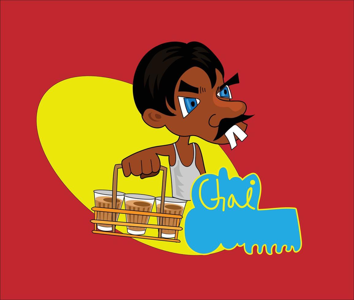 chai wala cartoon character Indian, Pakistani street tea seller vector