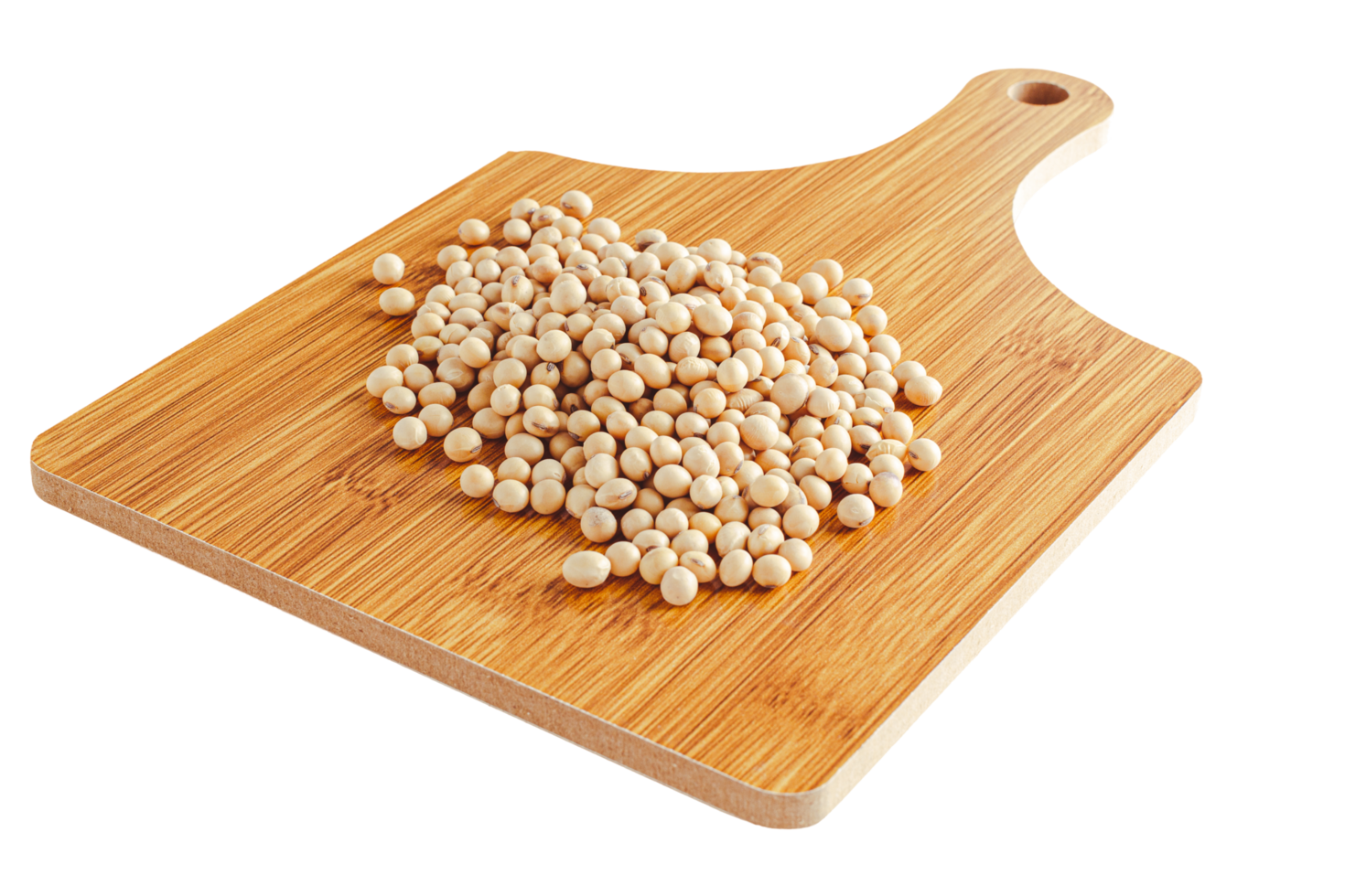 Several soybeans on a wooden cutting board on a white background with a clipping path. png