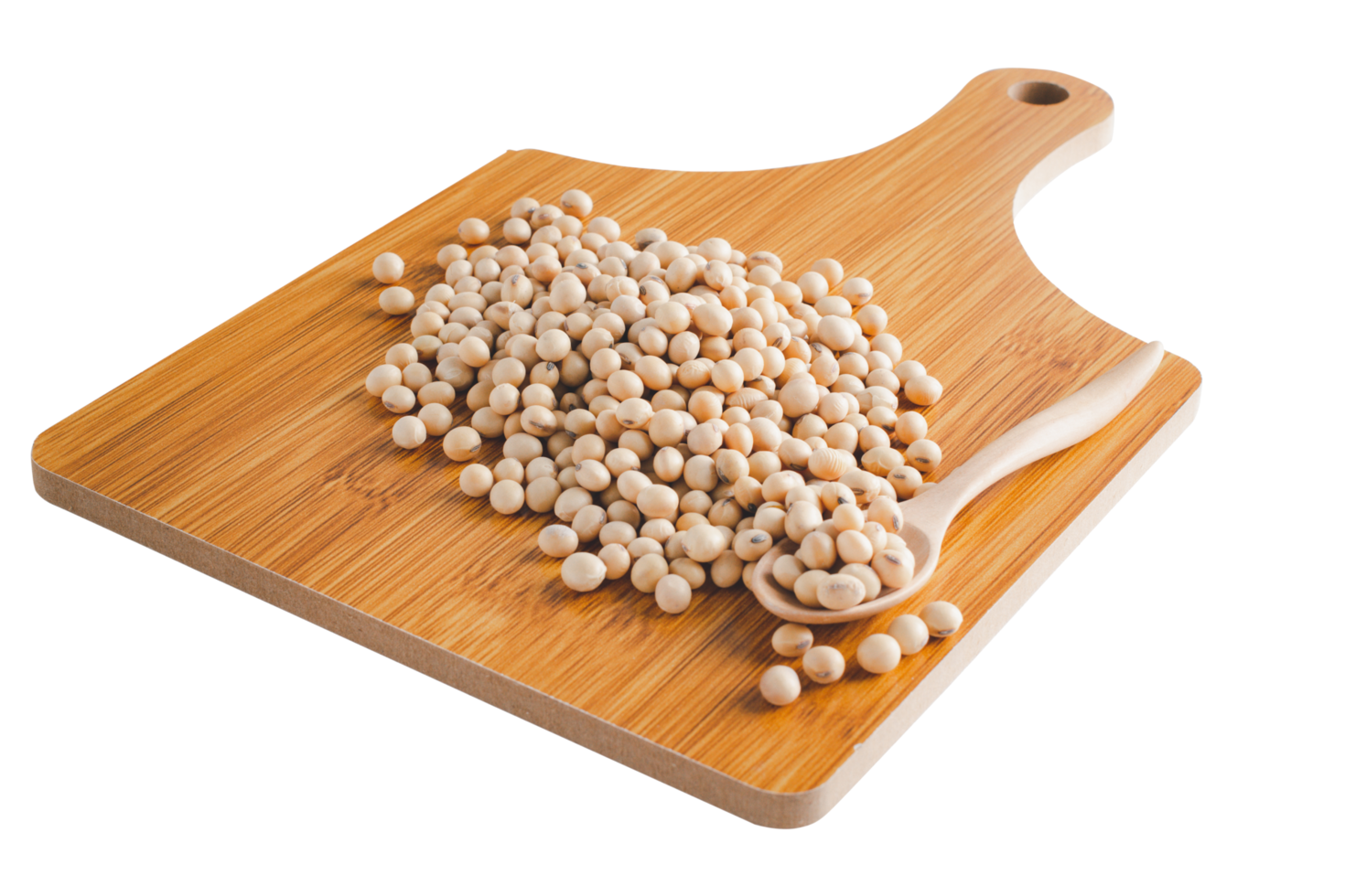 Several soybeans on a wooden cutting board and a spoon on a white background with a clipping path. png