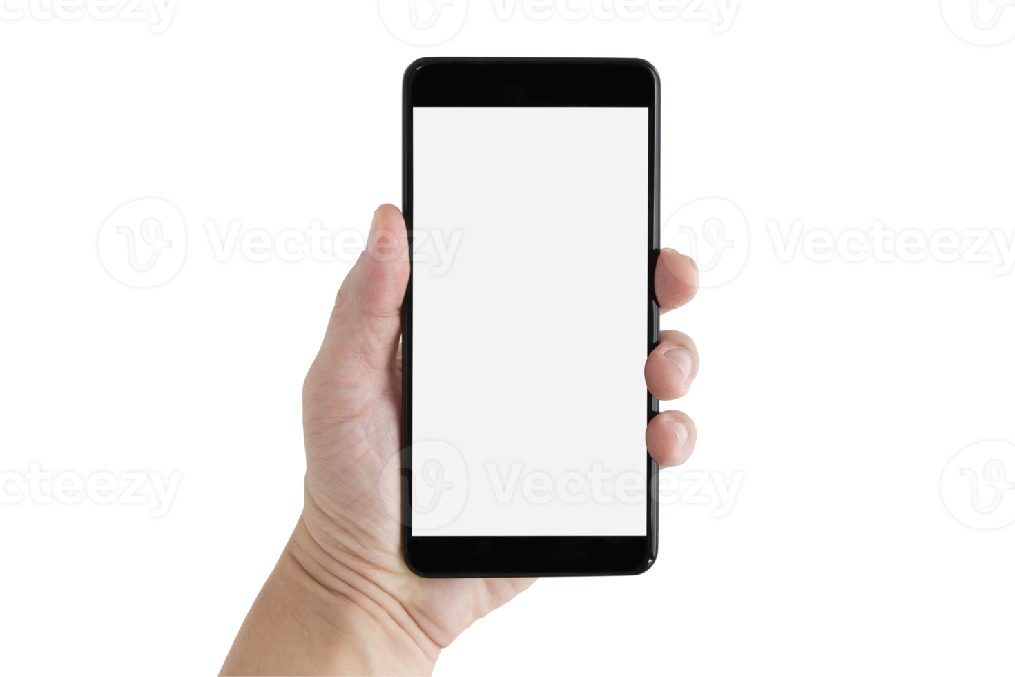 The left hand of a white man holding a black mobile phone or cellphone and a white screen for mockup content at an isolated or cutout white background with a clipping path. png