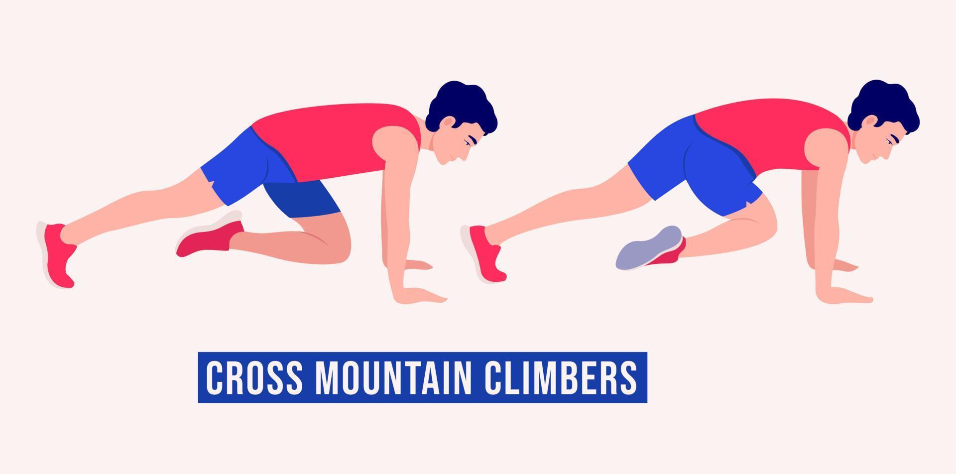 Ejercicio de escaladores de montaña cruzada, entrenamiento de hombres, aeróbicos y ejercicios. vector