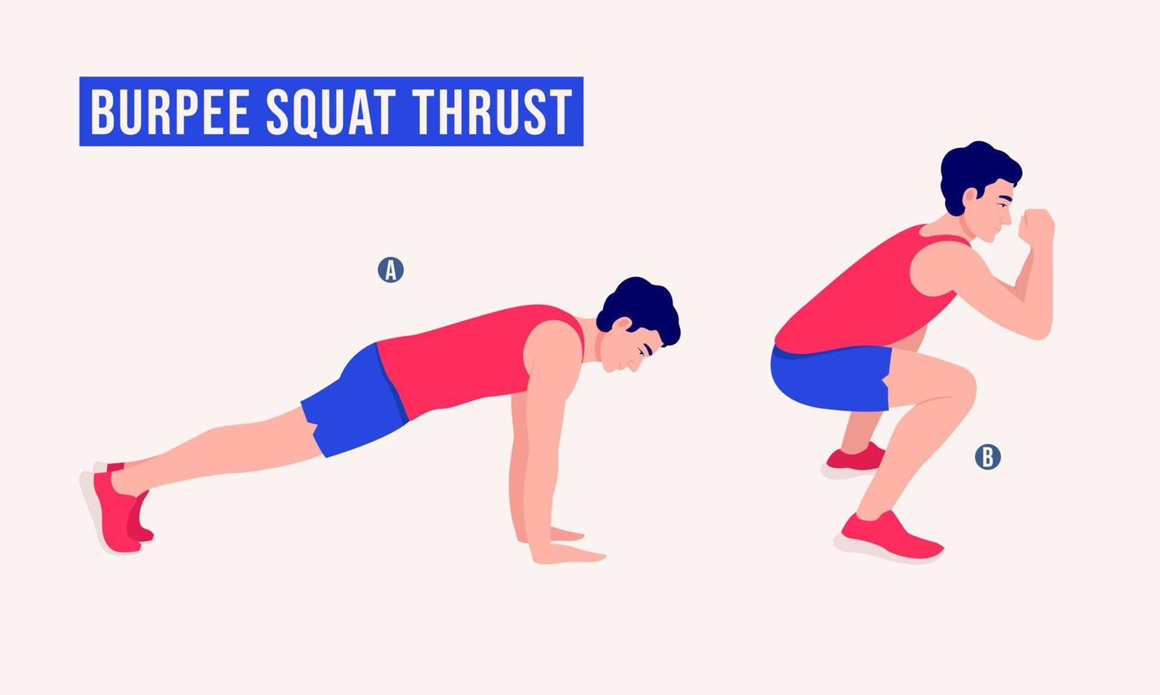 Burpee Squat Thrust exercise, Men workout fitness, aerobic and exercises. vector