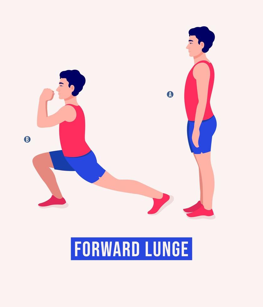 Forward Lunge exercise, Men workout fitness, aerobic and exercises. vector