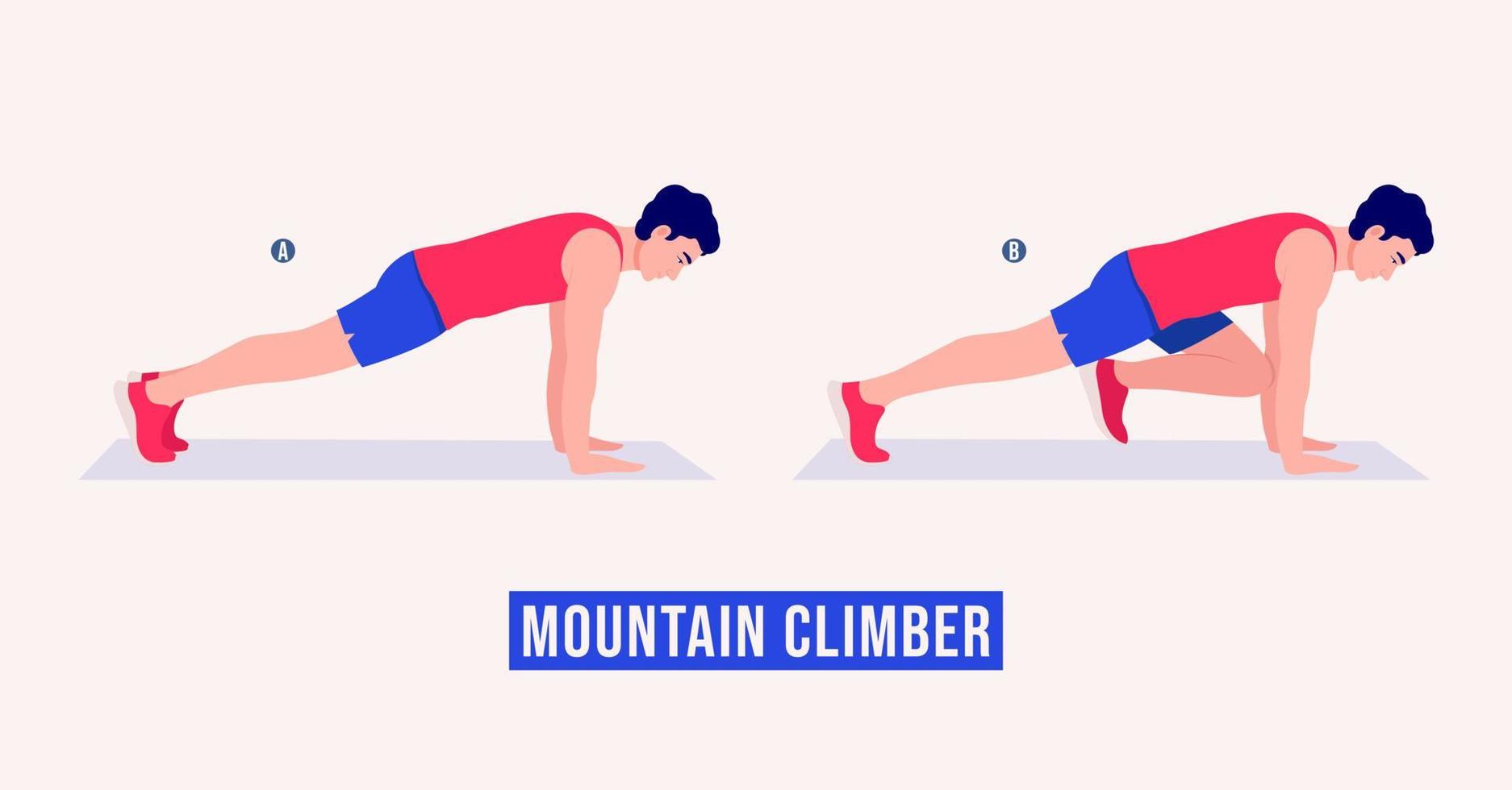 ejercicio de escalador de montaña, entrenamiento de hombres, aeróbicos y ejercicios. vector