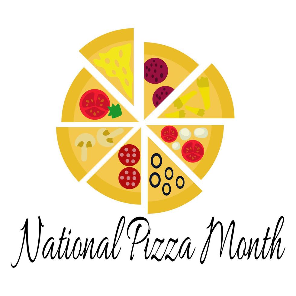 National Pizza Month, idea for a poster, banner or postcard, slices of pizza with various toppings vector