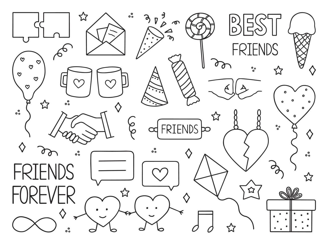 conjunto dibujado a mano de doodle de amistad. día de la amistad y decoración de fiestas en estilo boceto. ilustración vectorial vector