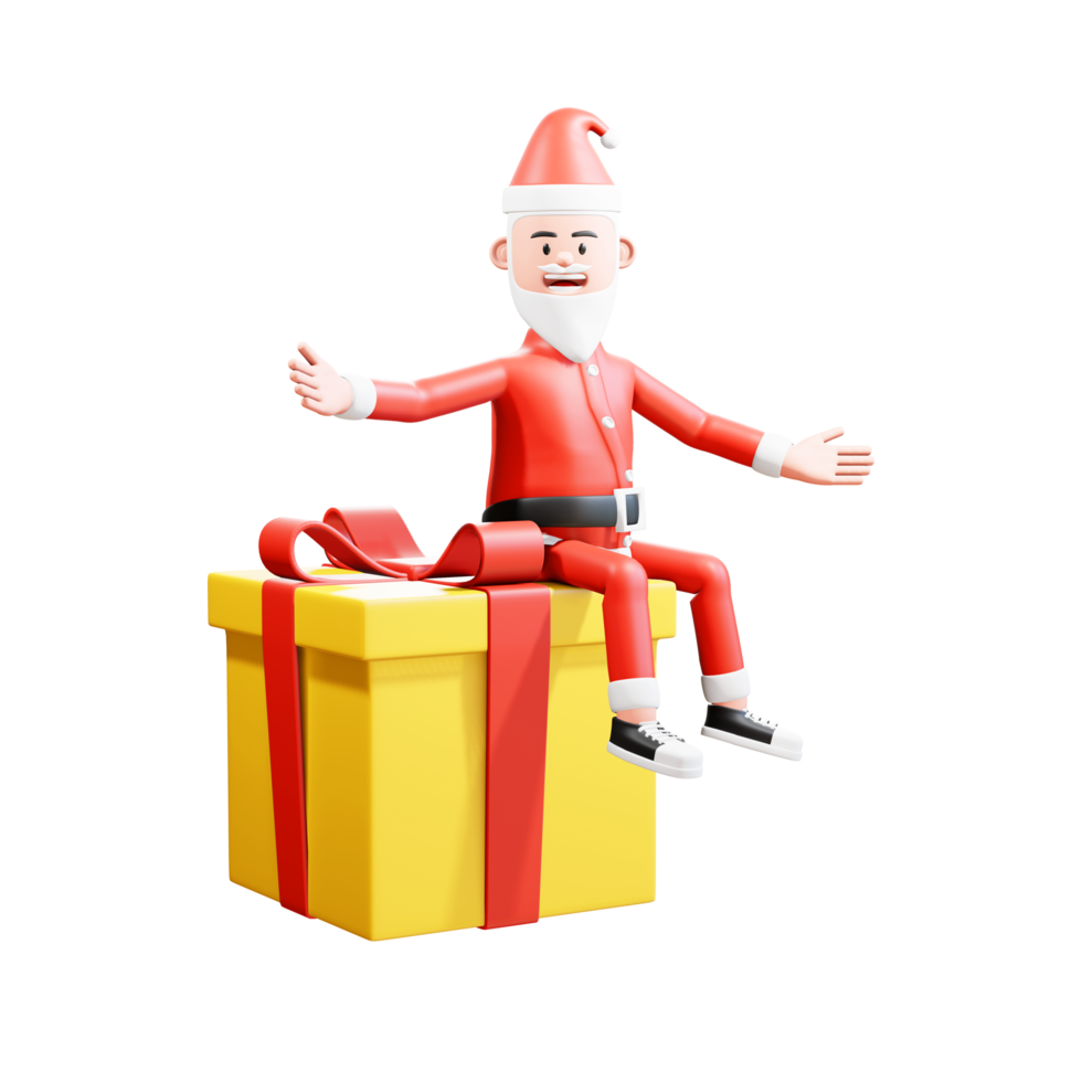 3D Christmas illustration. Santa sitting cheerfully on a big Christmas gift png