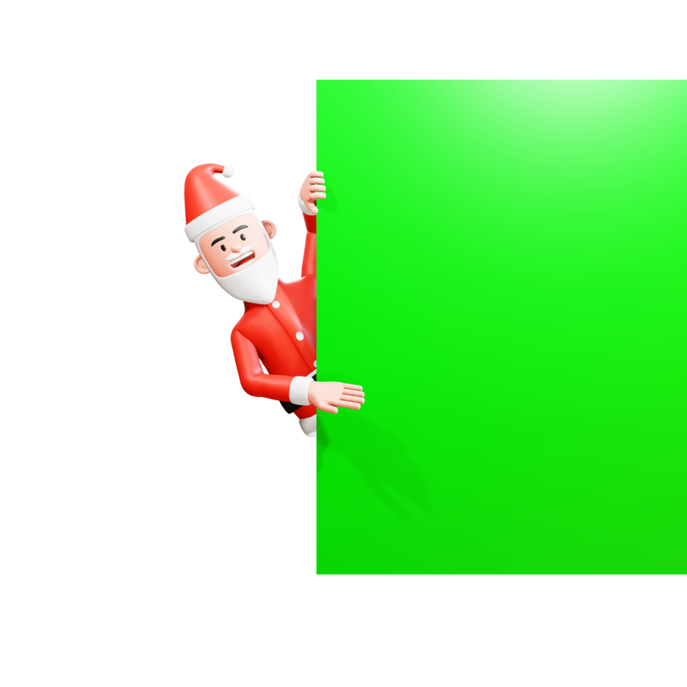 weihnachtskonzeptillustration. 3D-Weihnachtsmann, der etwas auf einem Green-Screen-Banner zeigt png