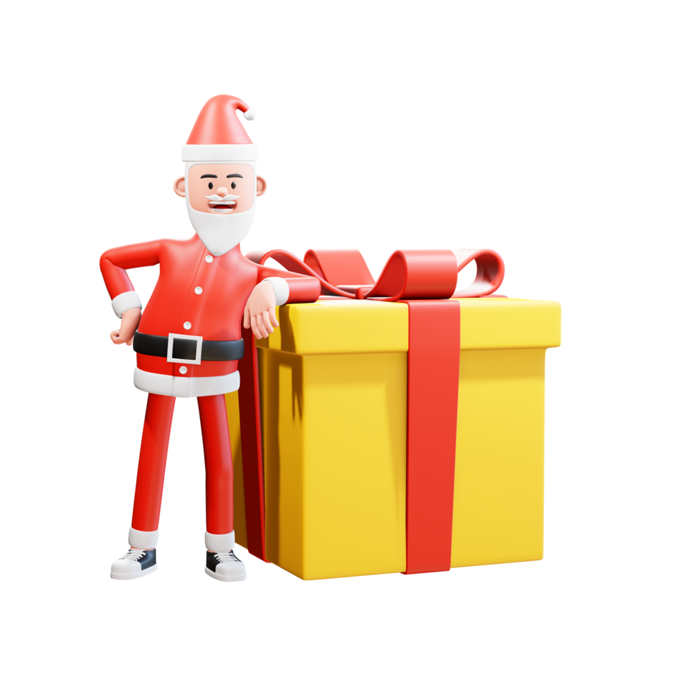 christmas concept illustration. 3d Santa Clause leans back on a large Christmas gift box for a surprise png