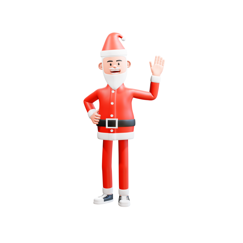 Ilustração 3D do gesto de saudação feliz Papai Noel acenando a mão e a mão direita na cintura. conceito de natal dizendo olá png