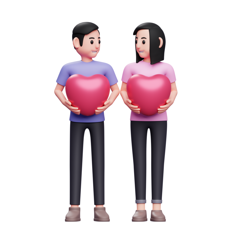 romantic couple holding heart balloons face to face, 3d valentine's day concept character illustration png