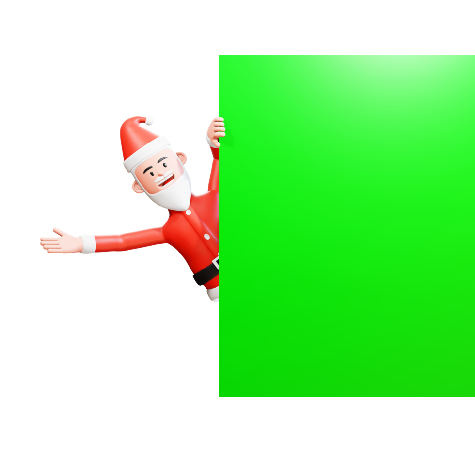 Ilustración de personajes en 3d. santa claus asomando, saliendo de detrás de una pancarta de pantalla verde png