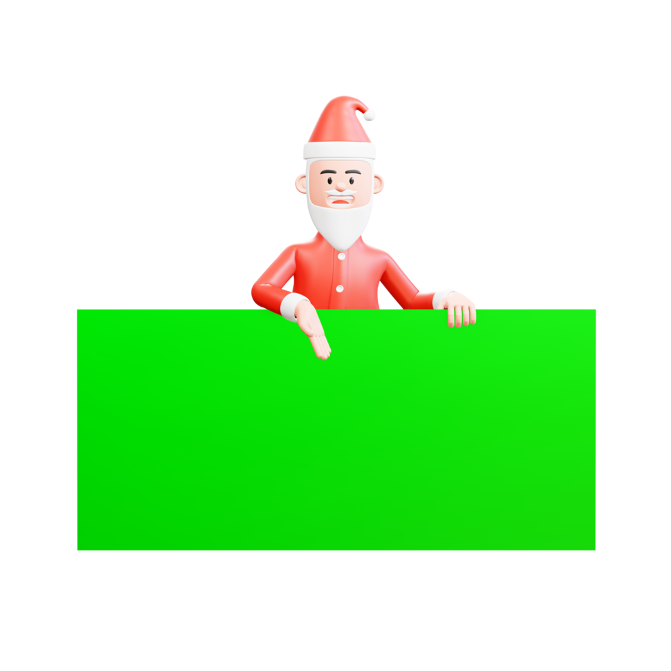 3d ilustración santa claus parado detrás de la gran pancarta verde y mostrando algo con su mano derecha png