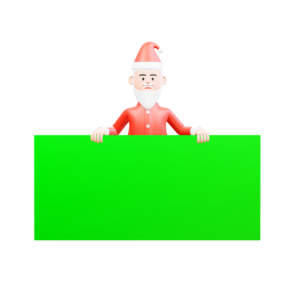 3d illustration of santa claus standing and holding a big green banner in front of it png