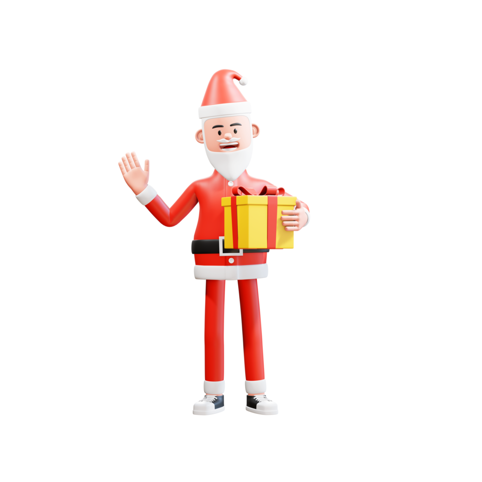 3d character illustration. santa holding christmas gifts and waving to say hi png