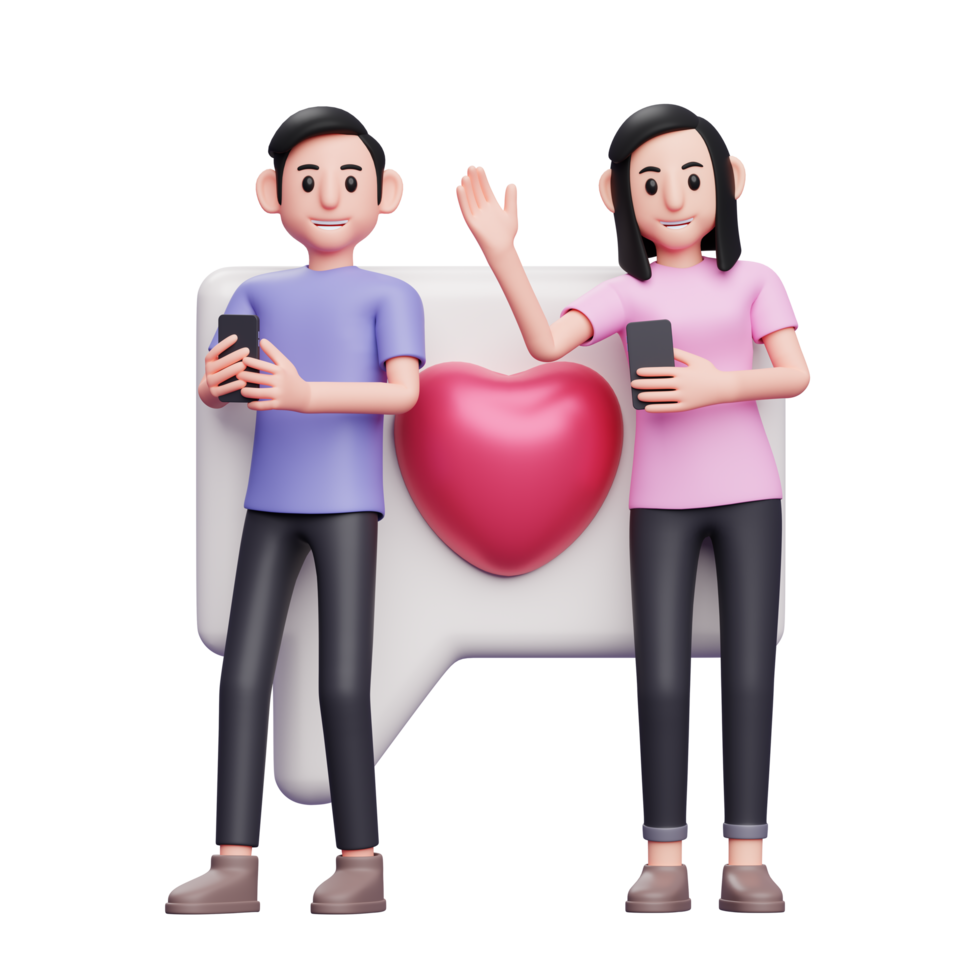 dois jovens casais tendo uma conversa romântica em telefones celulares, ilustração de personagem de conceito de dia dos namorados 3d png