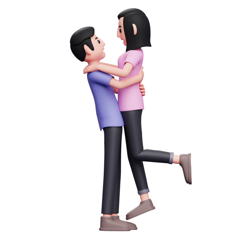 Casual man picking up and hugging his girlfriend, 3d valentine's day concept character illustration png