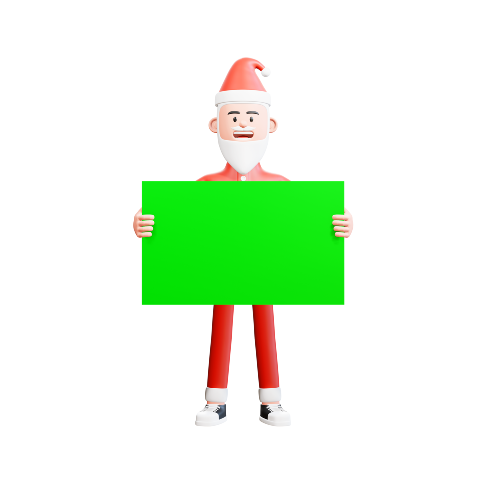 ilustração 3D do papai noel segurando uma faixa verde com as duas mãos na frente do corpo png