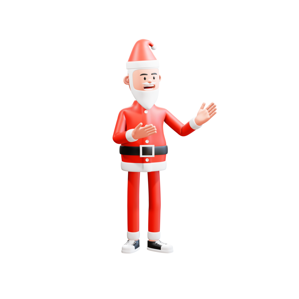 Präsentationskonzept. Porträt eines lächelnden Weihnachtsmannes, der etwas mit beiden Händen präsentiert. 3D-Charakter Weihnachtsmann png