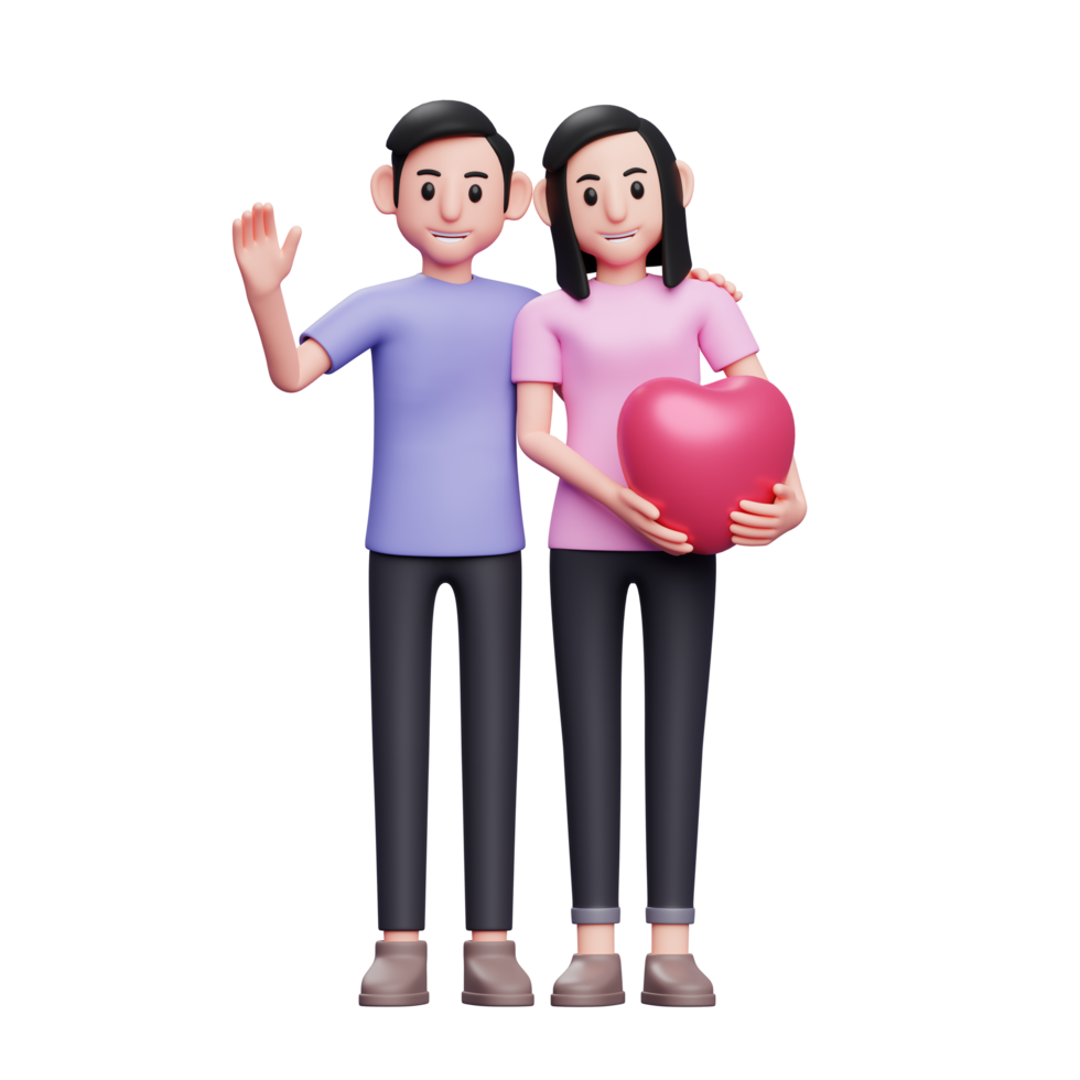 romantic couple posing holding heart balloons and waving, 3d valentine's day concept character illustration png