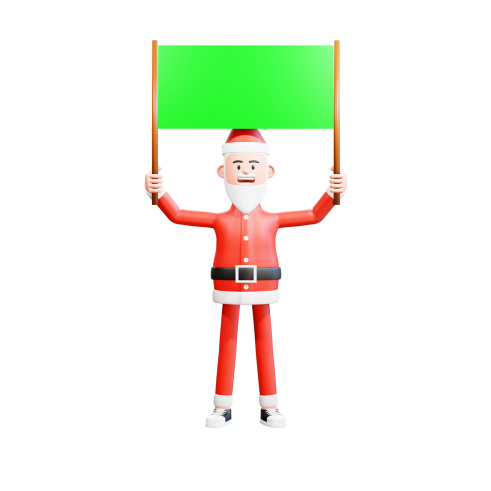 ilustração de personagem 3d papai noel segurando cartaz verde com as duas mãos png