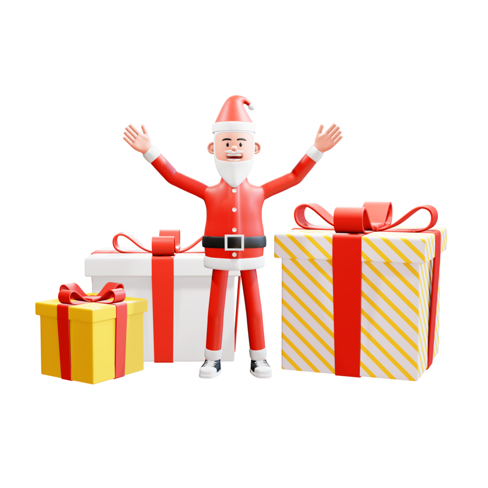 illustration de personnage 3d le père noël célèbre joyeux noël et bonne année avec trois cadeaux géants png