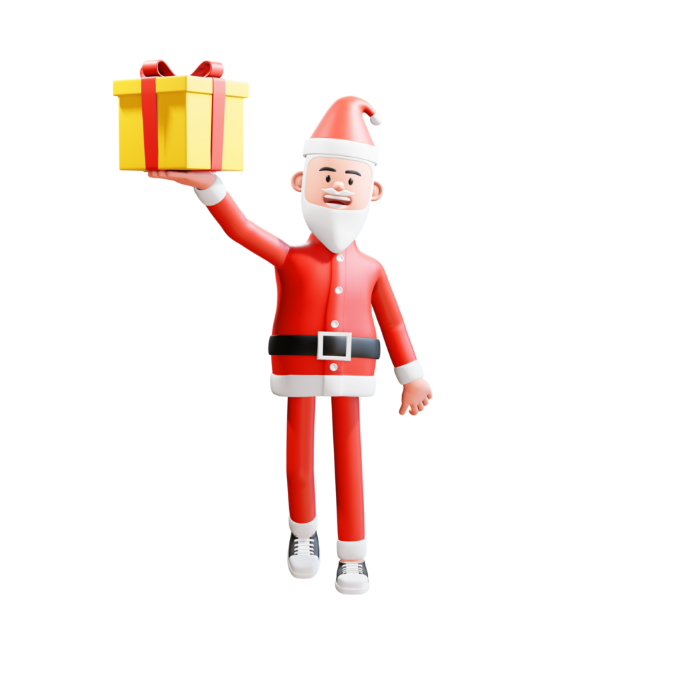 christmas concept illustration. 3d santa claus carries and lifts Christmas gifts with his right