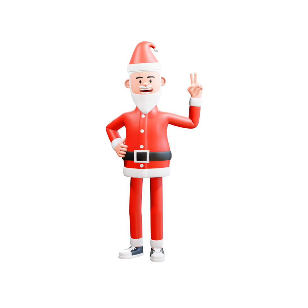 conceito de natal 3d ilustração santa cláusula mostrando sinal de dedos de vitória. símbolo da vitória, mão da paz. png