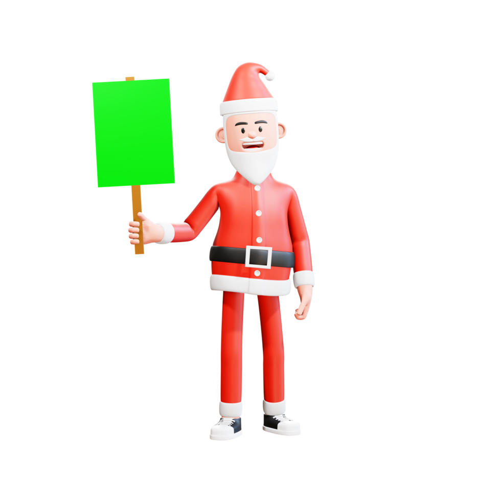 Santa Claus 3d Character illustration standing casually holding green paper placard with right hand png