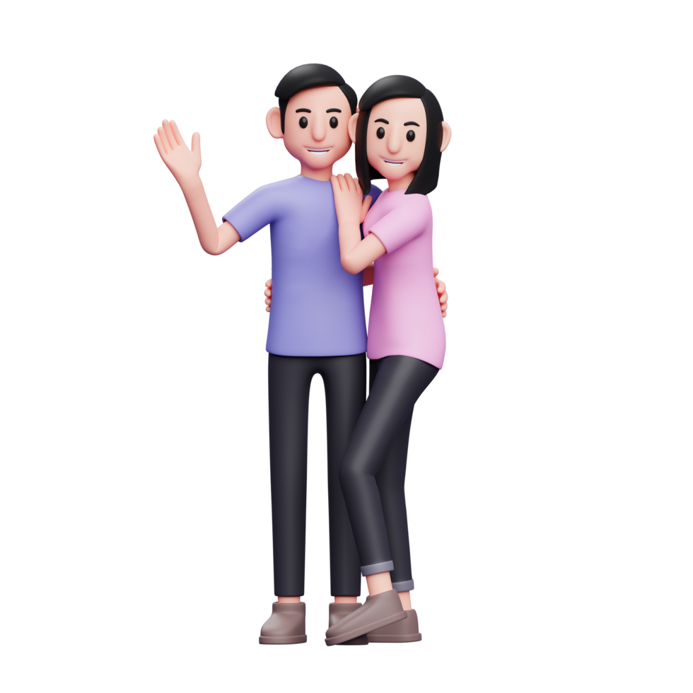 casal jovem feliz está abraçando, sorrindo, posando para uma celebração do dia dos namorados, ilustração de personagem 3d png