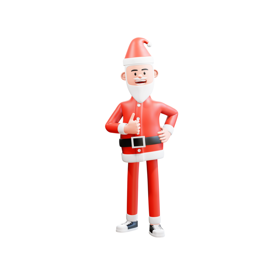 3d karakter de kerstman clausule geven duim omhoog teken met Rechtsaf hand- en links hand- Aan taille png