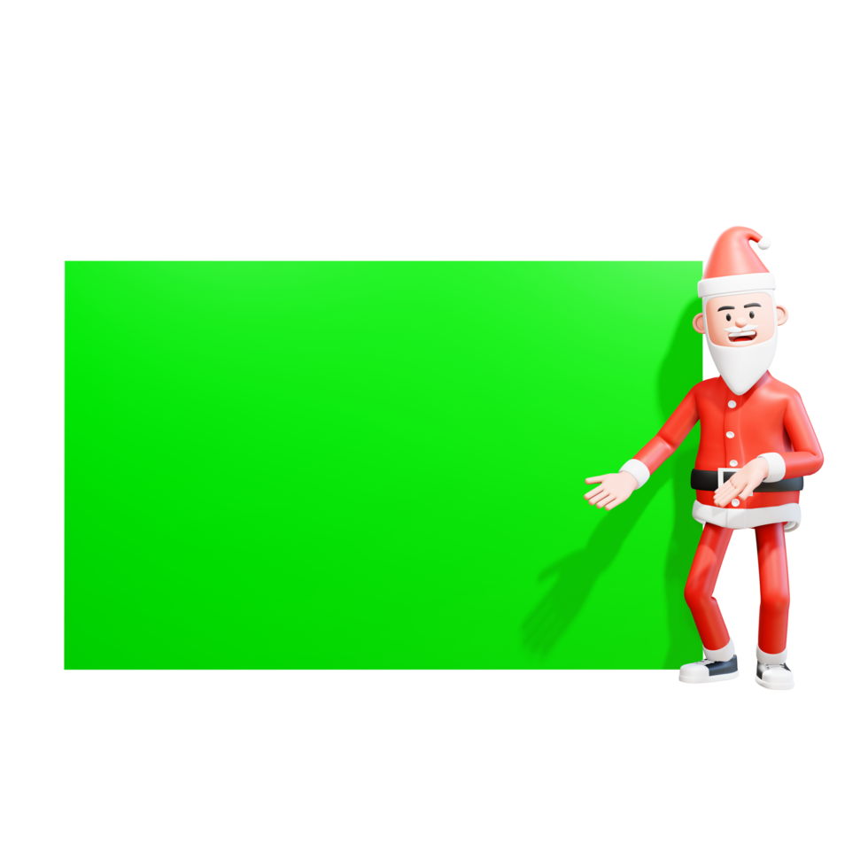 3d karakter de kerstman claus shows iets Aan de groen scherm naast hem terwijl buigen, tonen een informatie png