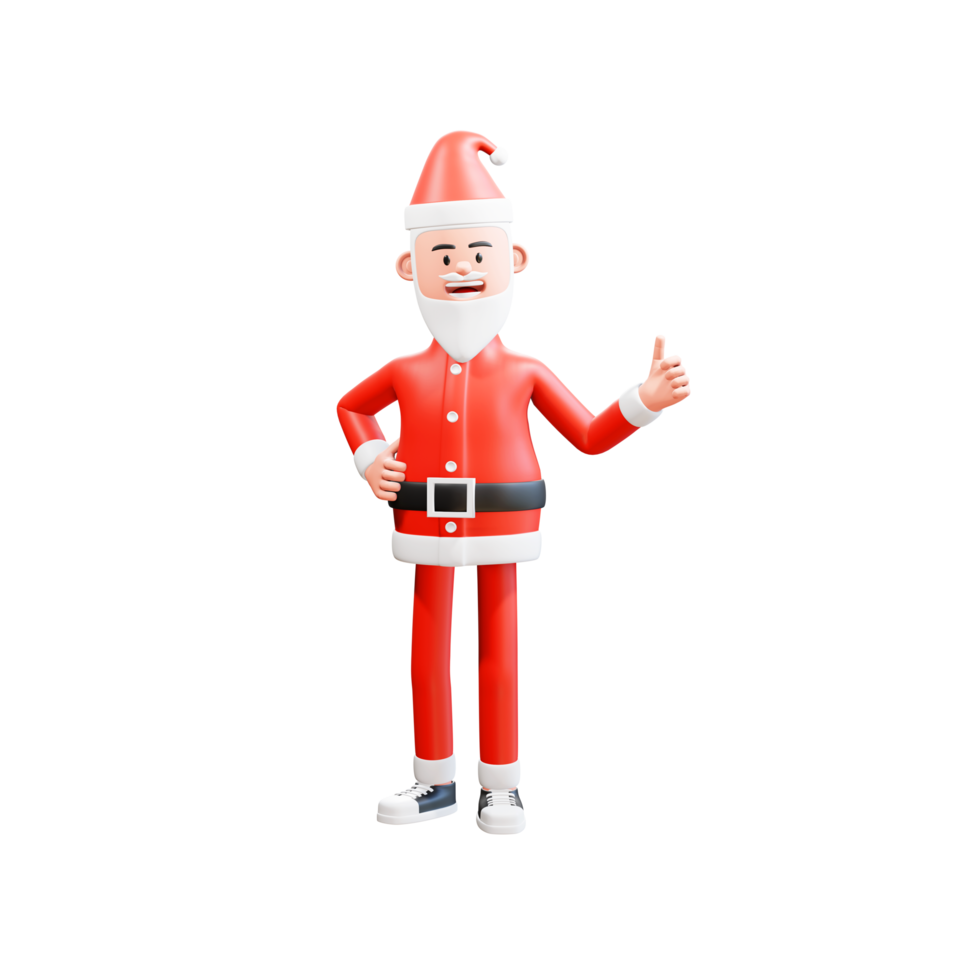 3D illustration of happy santa clause give thumbs up and right hand on waist. Christmas Concept png