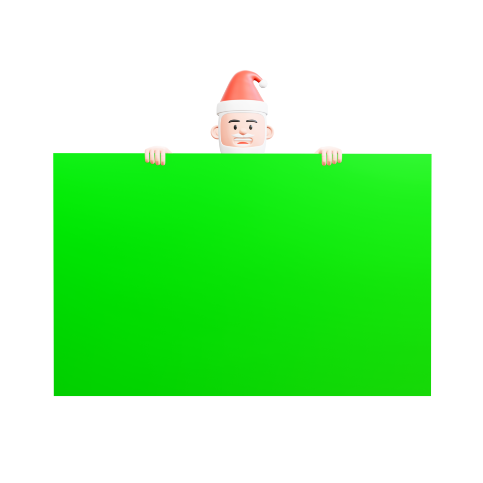 3d ilustración de santa claus asomándose detrás de una gran pantalla verde solo se pueden ver su cabeza y sus manos png