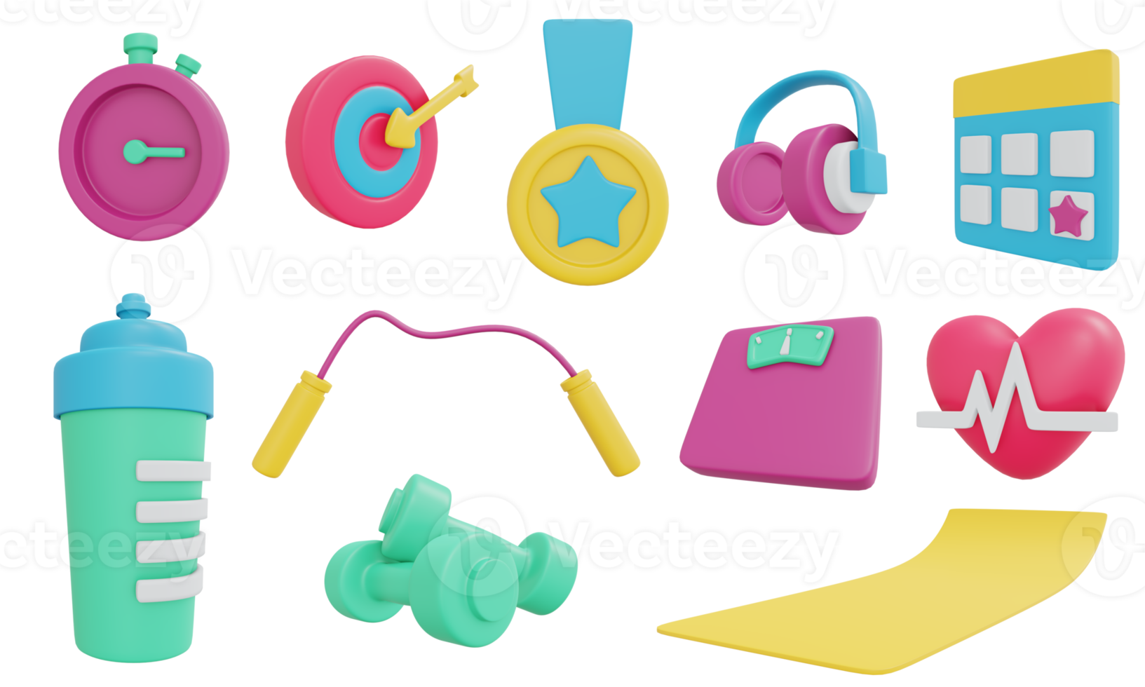 3D Rendering set of exercise icon dumbbell water bottle headphone scale yoga mat badge timer target jump rope concept of workout png
