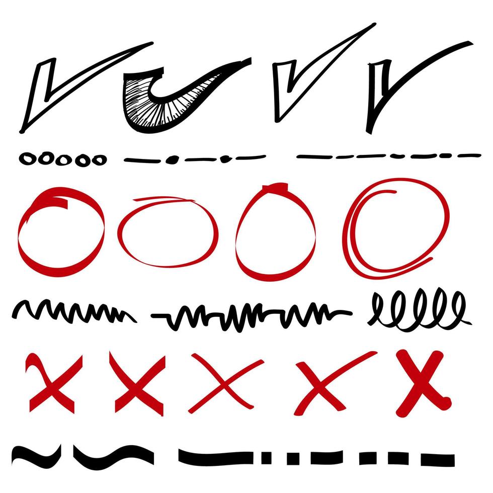 Doodle check marks and wrong marks with underlines and scribble. Vector