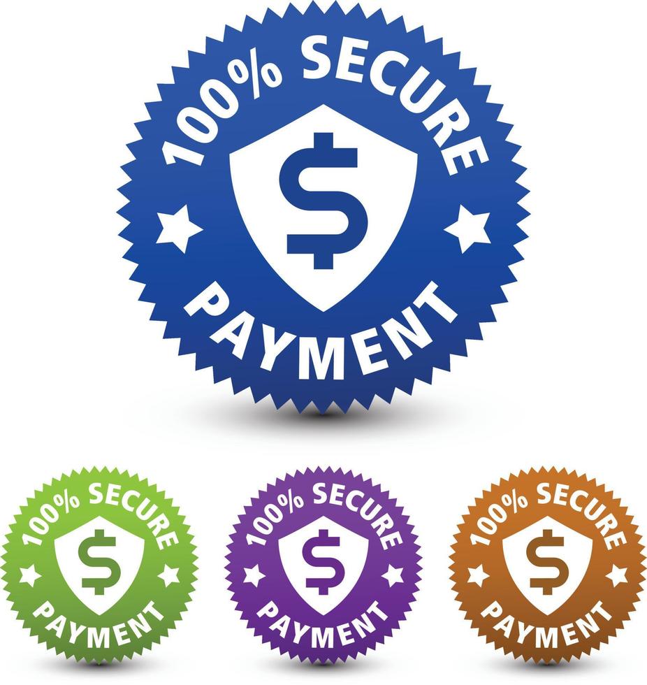 100 percent secure payment 4 colored badges, icons, insignia, seal. vector illustration.