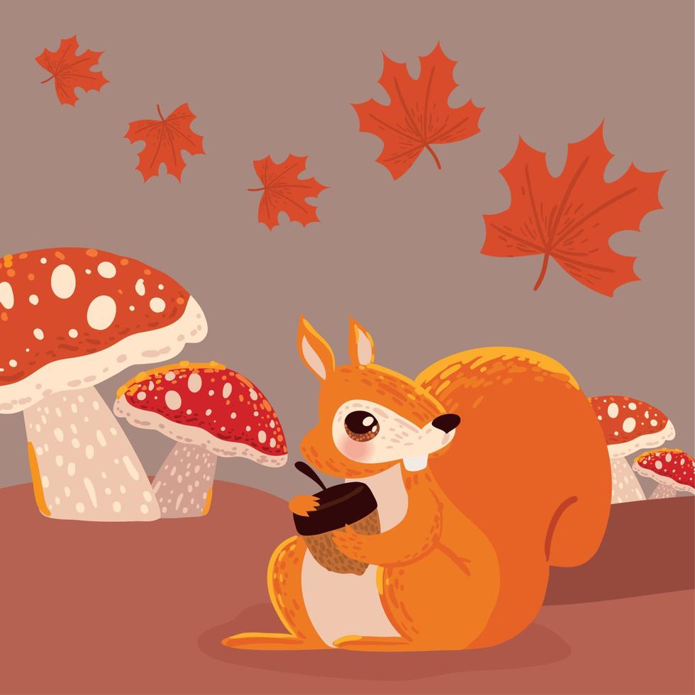 autumn squirrel and mushroom vector