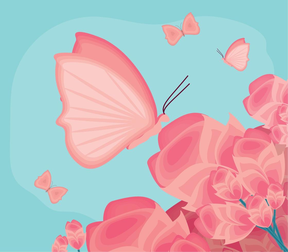 mariposa rosa y flores vector